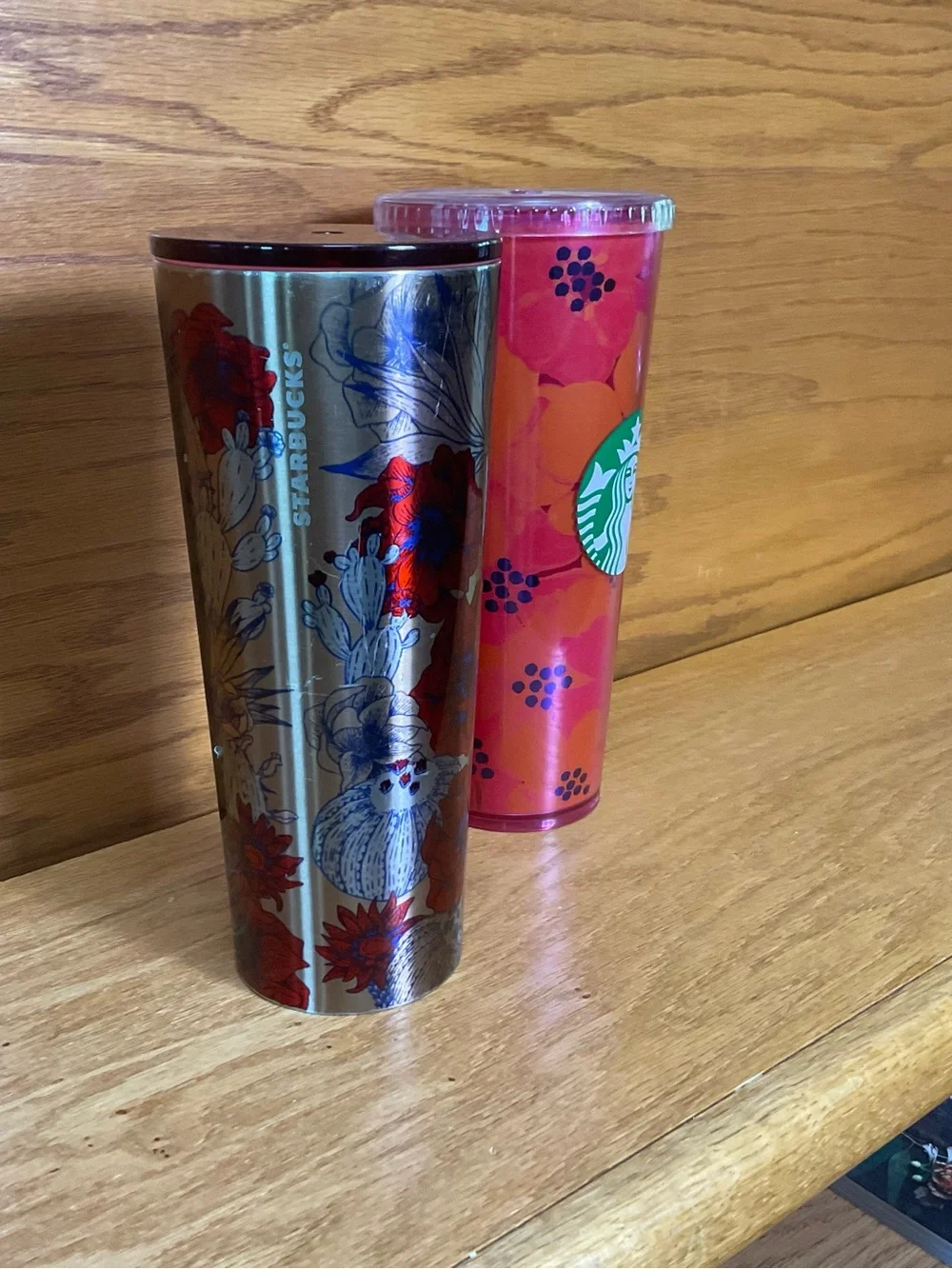 Starbucks Set 2 Venti Tumblers Cactus Floral Metal + Poppy  Reusable Cup 24 oz